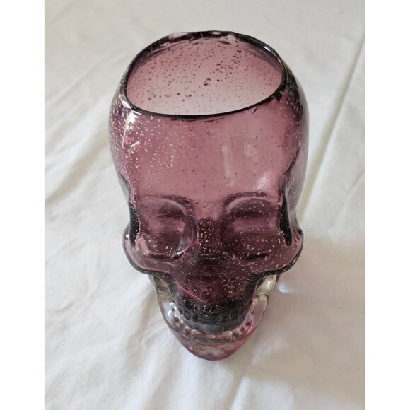 Purple Skull-Shaped Glass Candy Dish/Vase W/Speckled Design Halloween Decor - Picture 2 of 4